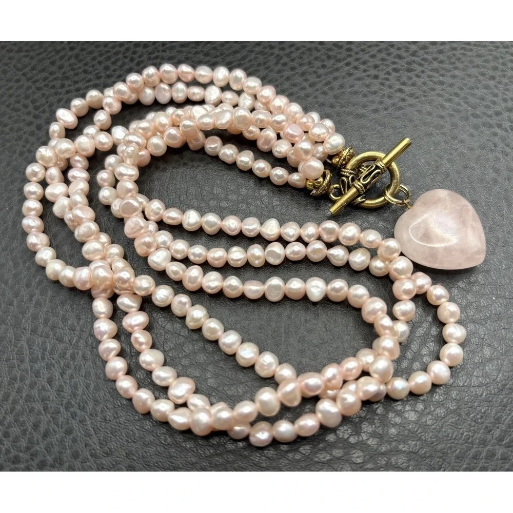Multi Strand Rose Quartz Heart Pendant Pink Pearl Beaded Necklace Toggle Clasp